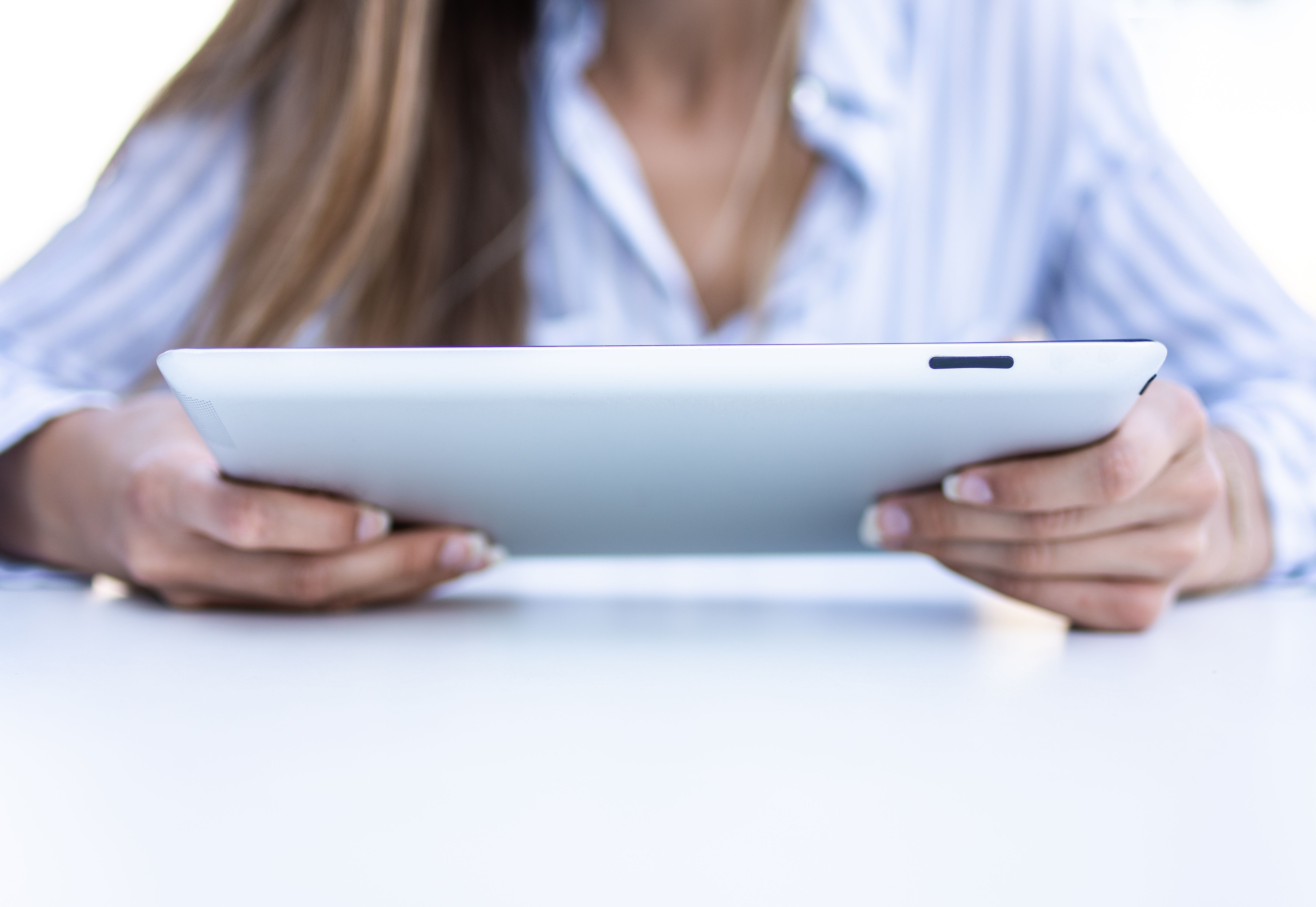Close Up Shot Young Female Striped White Blue Shirt Working Laptop